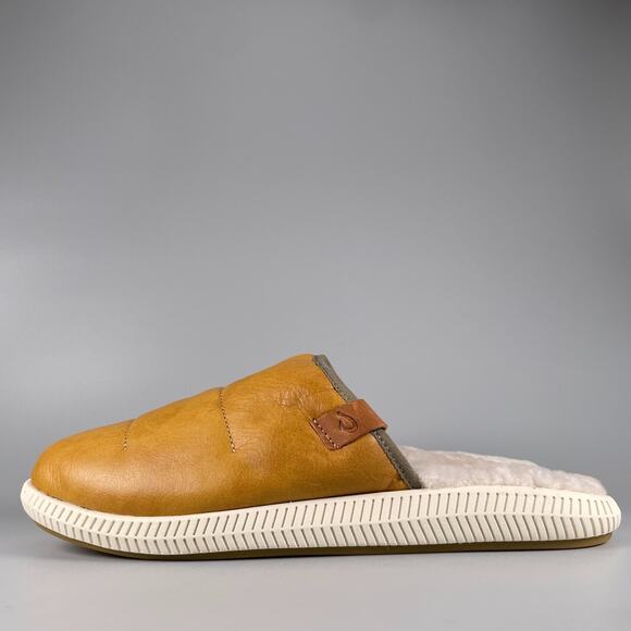 OLUKAI Mua 'Ili Men's 9 Brown Leather Slide Slipper Shoe Shearling Lined Sandals